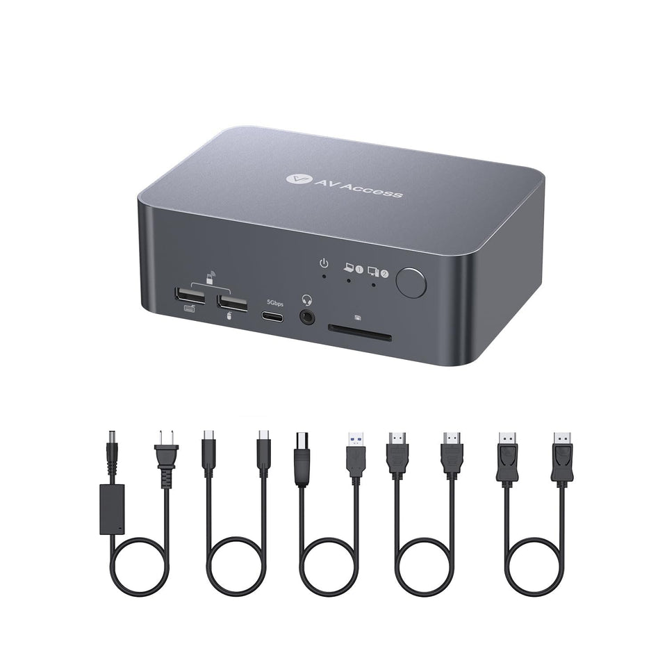 v AV Access KVM switch with dual-monitor setup for seamless multi PC work