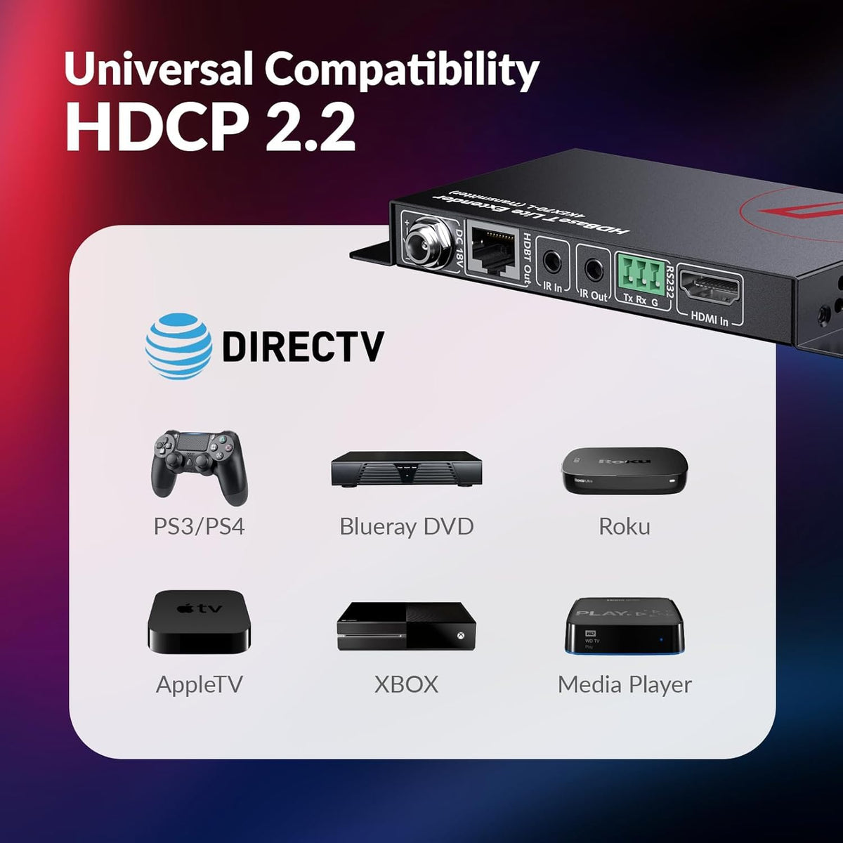 AV Access RS232 passthrough enables control system integration.