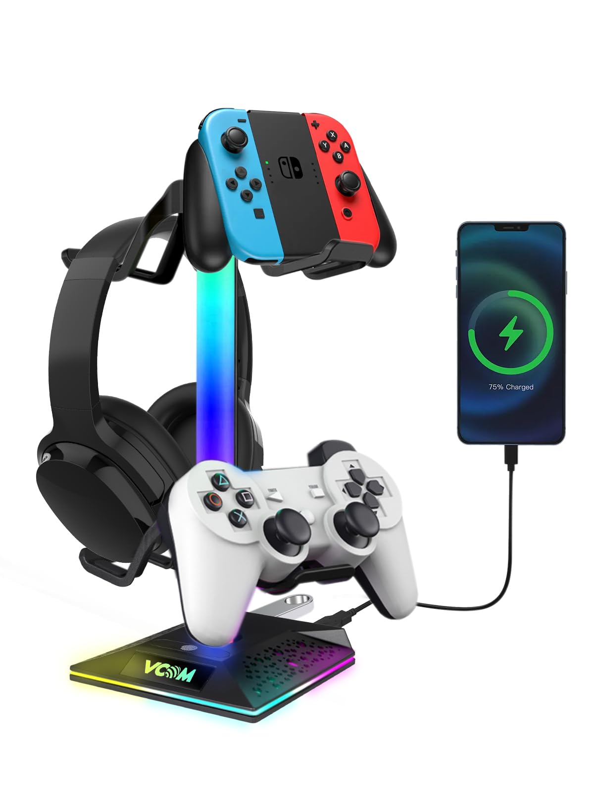 V VCOM RGB headset stand ready with headset in reach