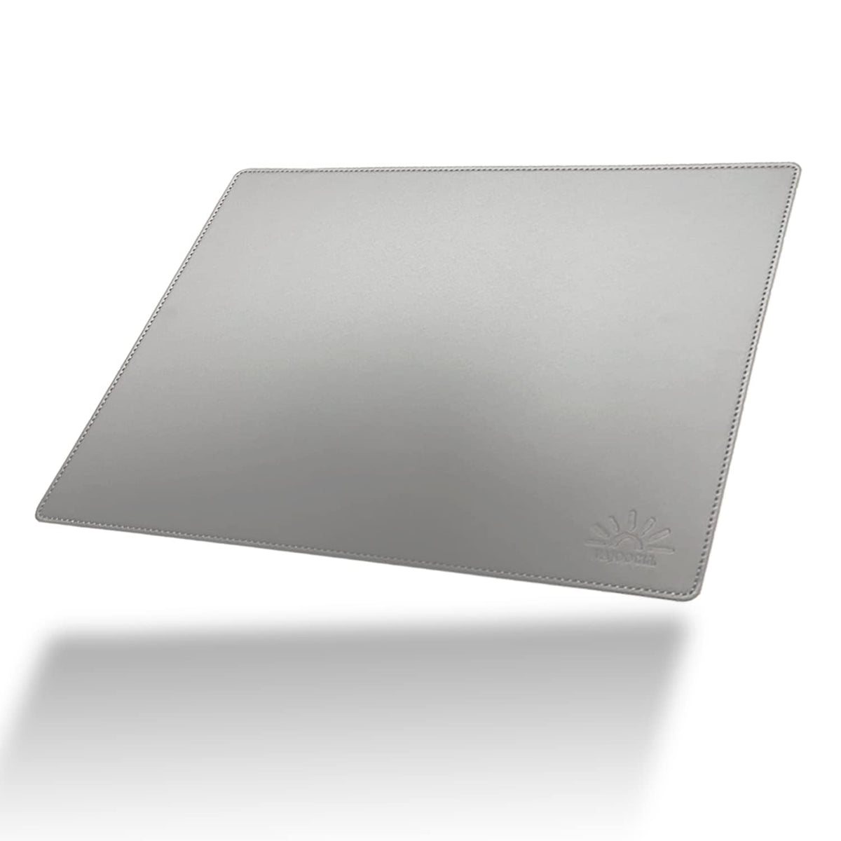 VAJOOCLL EMF Blocker Lap Pad top view shows gray leather surface and compact size.