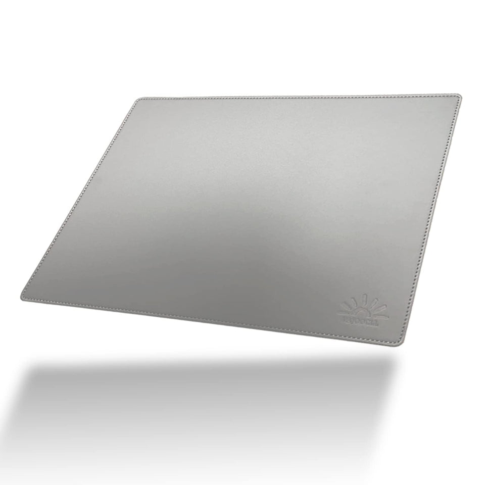 VAJOOCLL EMF Blocker Lap Pad top view shows gray leather surface and compact size.