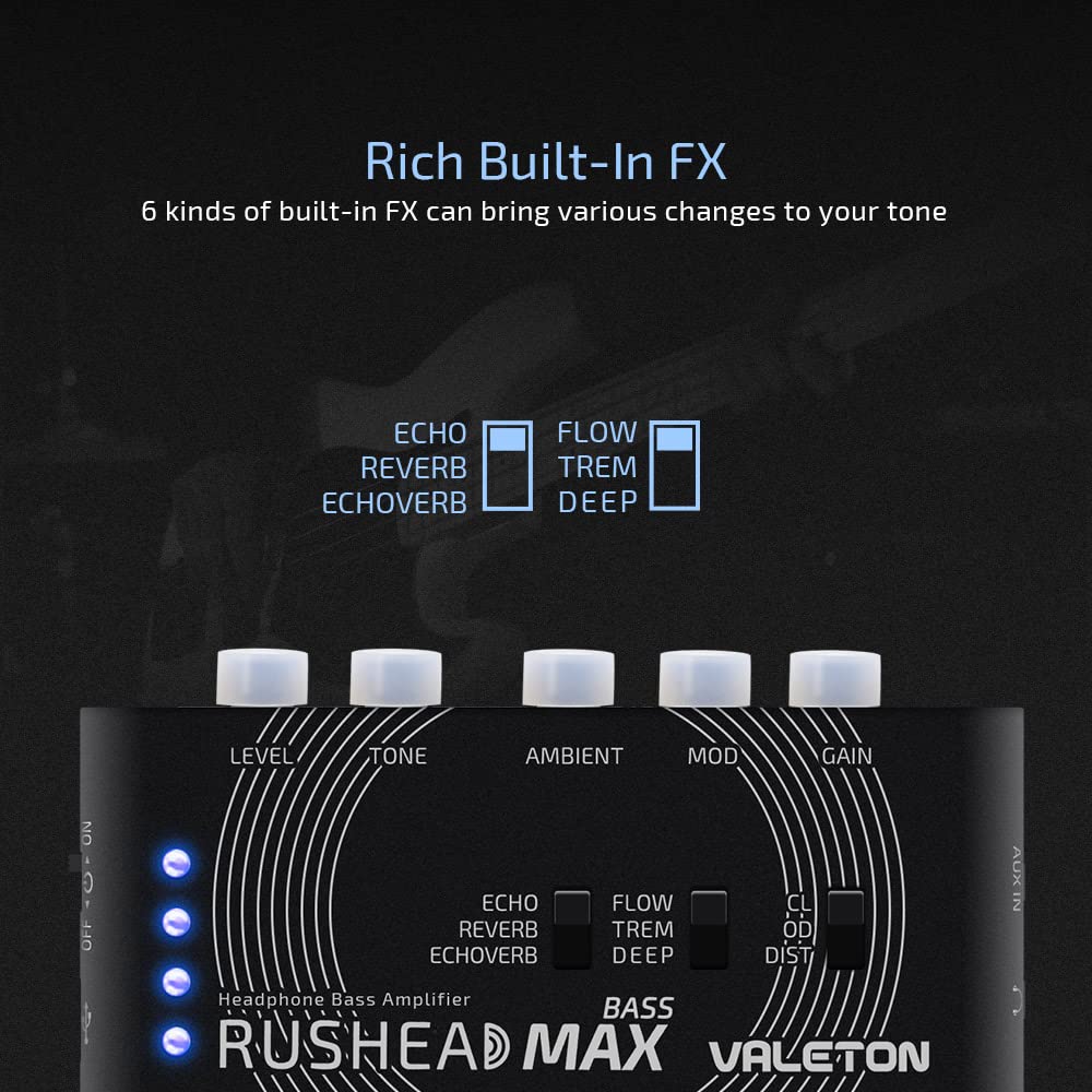 Valeton Rushead Max close-up of control knobs for precise amp and effect dialing