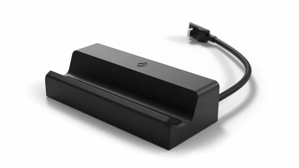 Valve Steam Deck Docking Station Black, front view, enables TV connection and charging convenience.