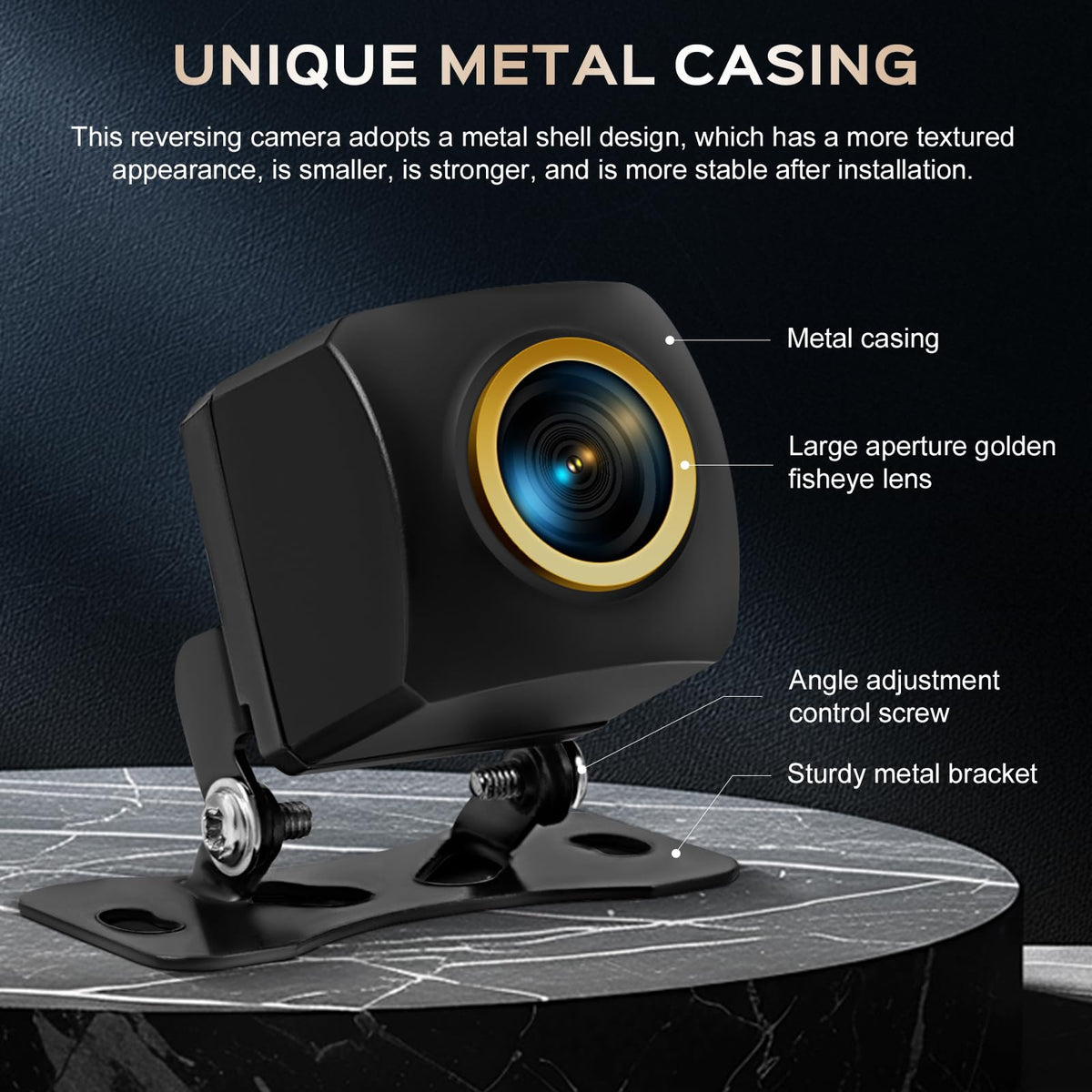 Vampolo Backup Camera features durable metal housing for all-season use.