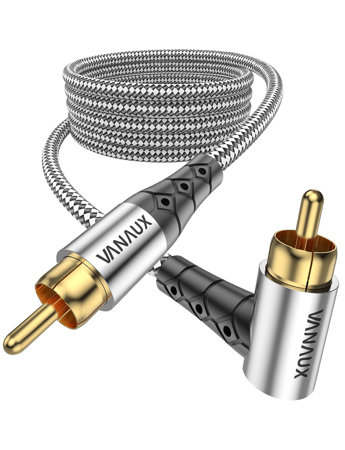 VANAUX front view of 90-degree subwoofer cable showing neat connection benefit