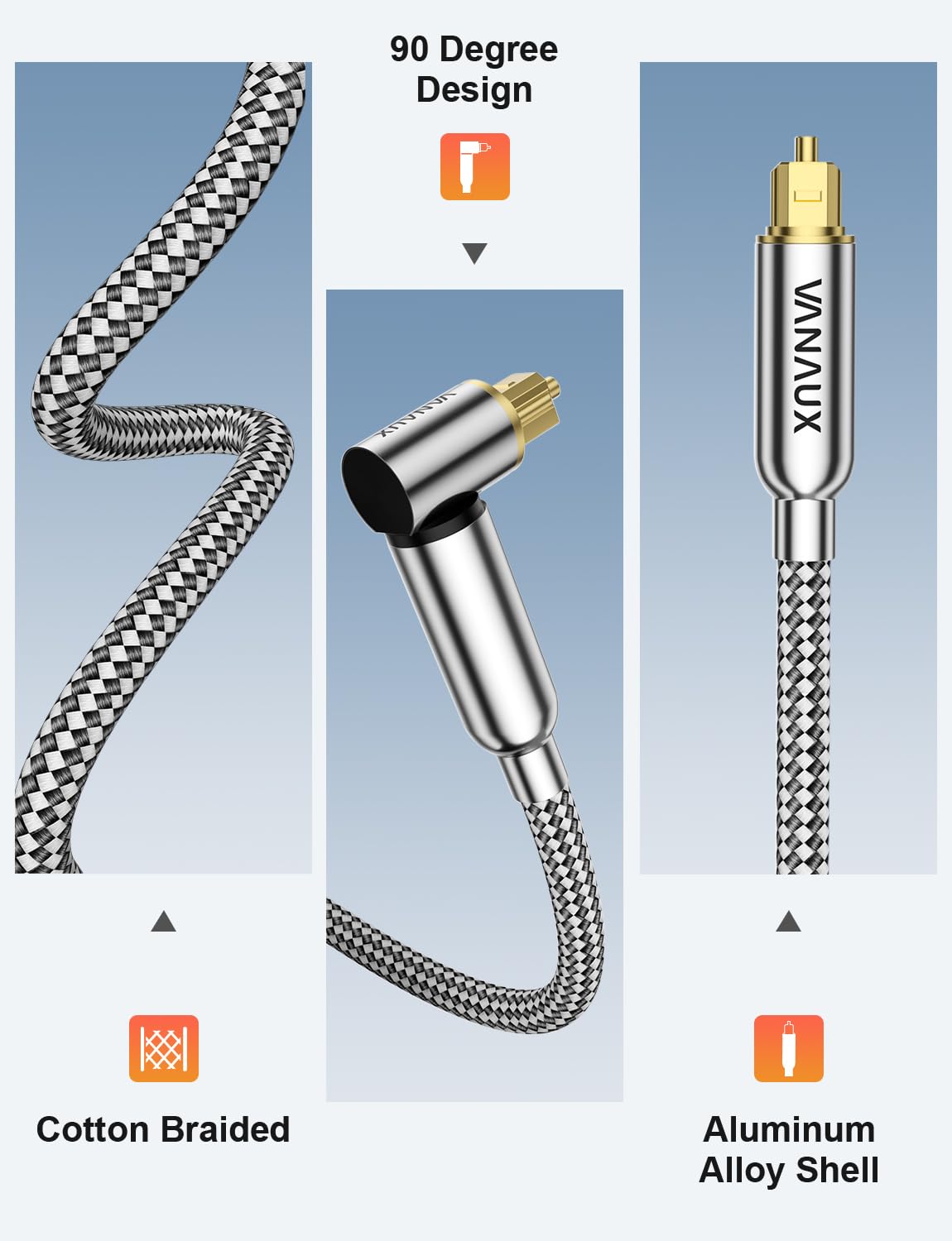VANAUX braided jacket 90-degree Toslink cable reduces tangling for easy installation
