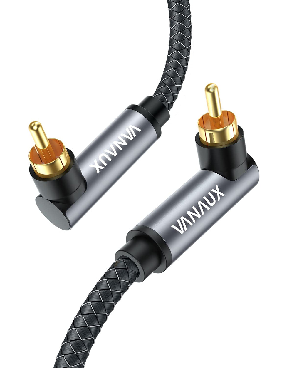 VANAUX front view of right-angle RCA cable showing tidy wall clearance and neat routing