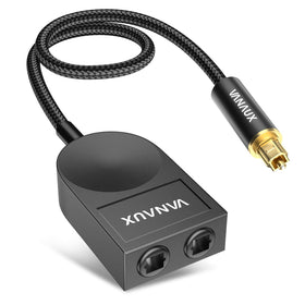 VANAUX front view of Toslink splitter showing dual outputs and single input for easy duplication