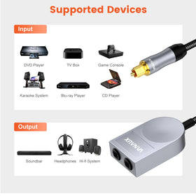 VANAUX connected to TV splitting audio to soundbar and headphones for shared listening