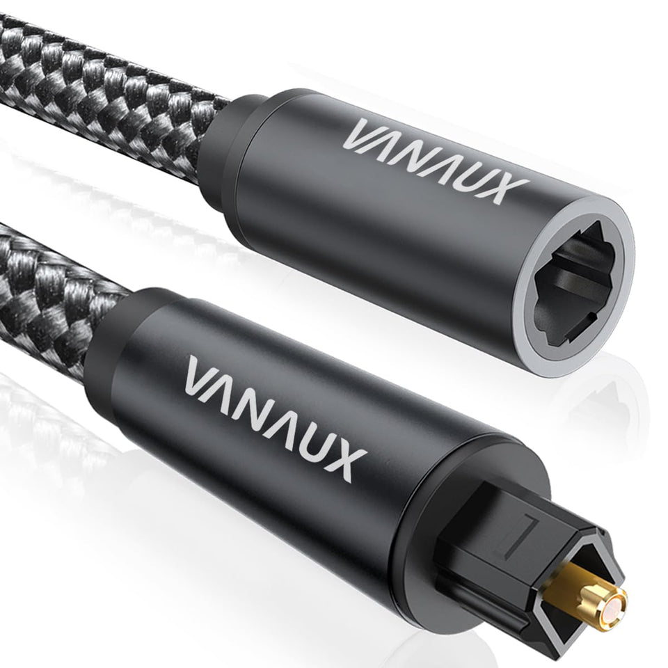 VANAUX optical extension cable in black showing 1m reach for home setups