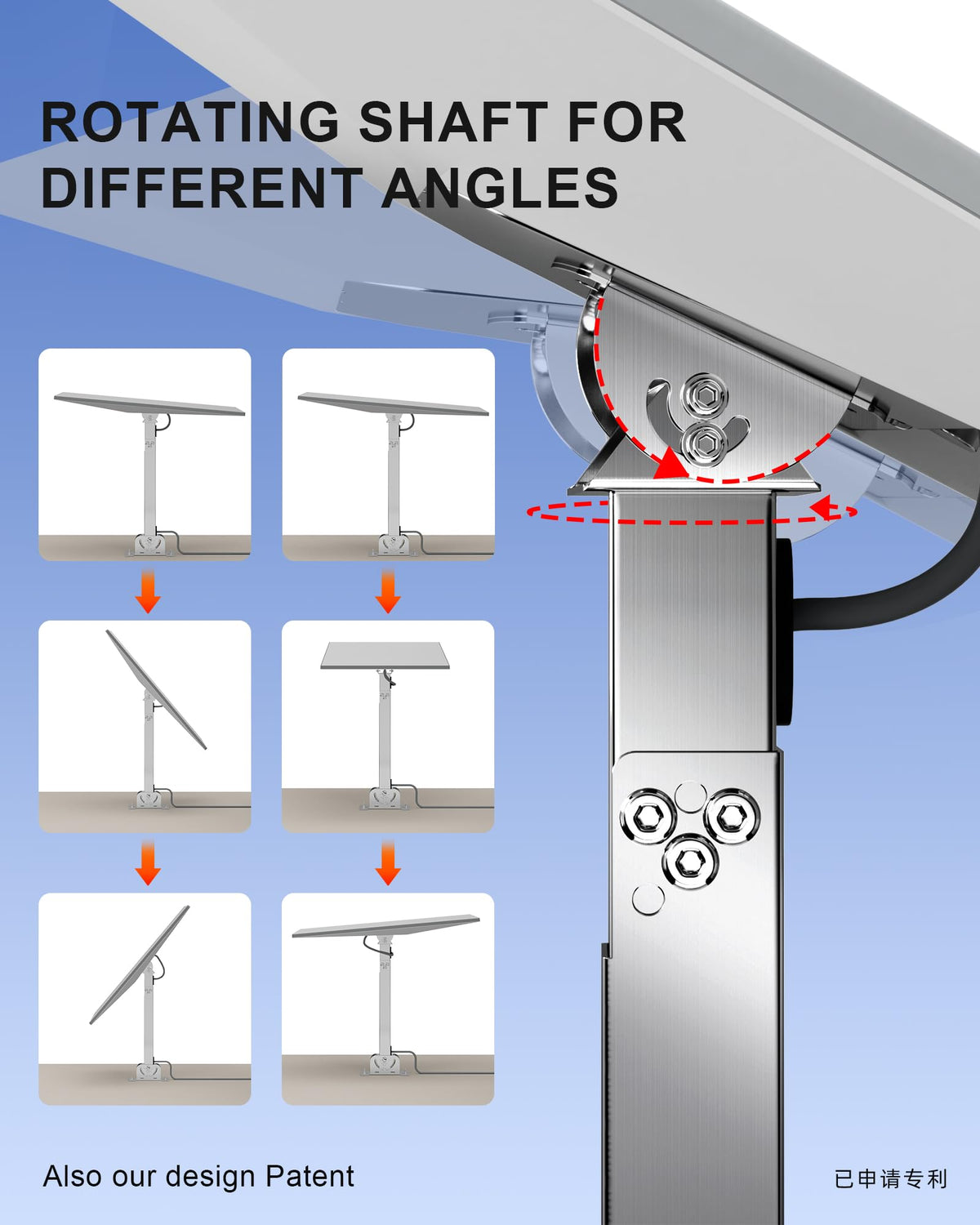 VANDESAIL rotating shaft close-up for precise dish angle adjustment benefit
