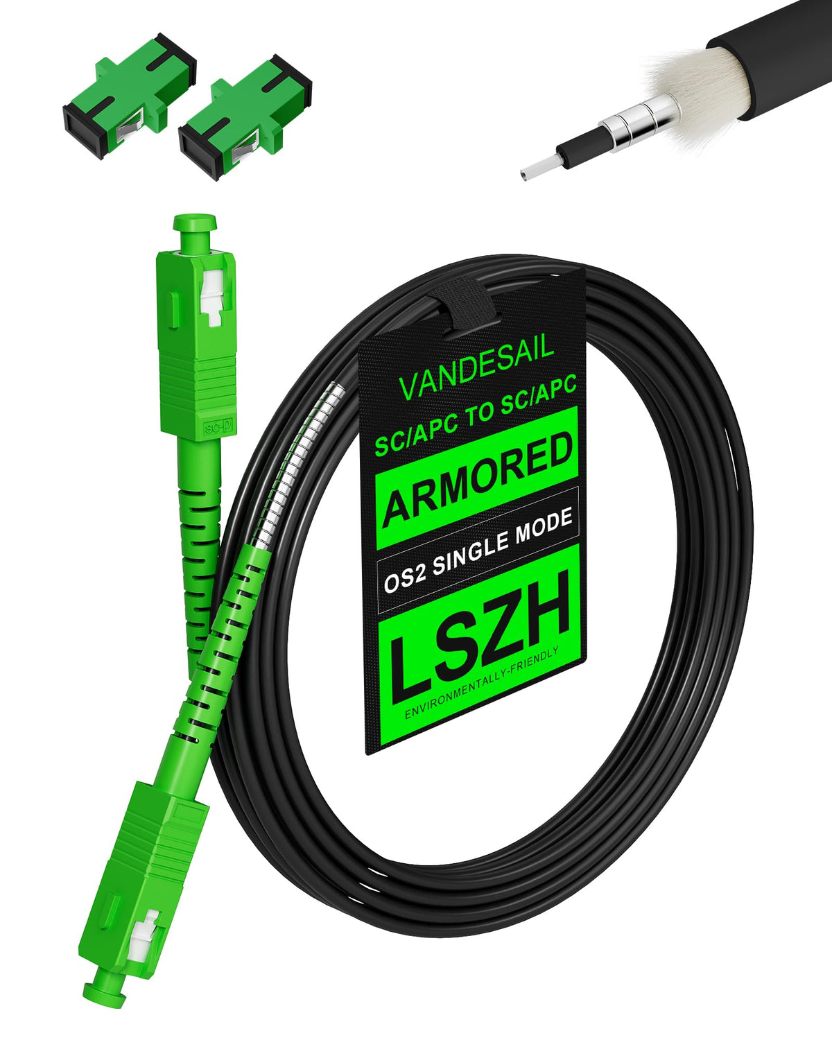 VANDESAIL SC/APC armored 10m black fiber patch cable for durable home networking.