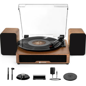 Vangoa vinyl record player in walnut wood front view highlights retro craftsmanship and build quality.
