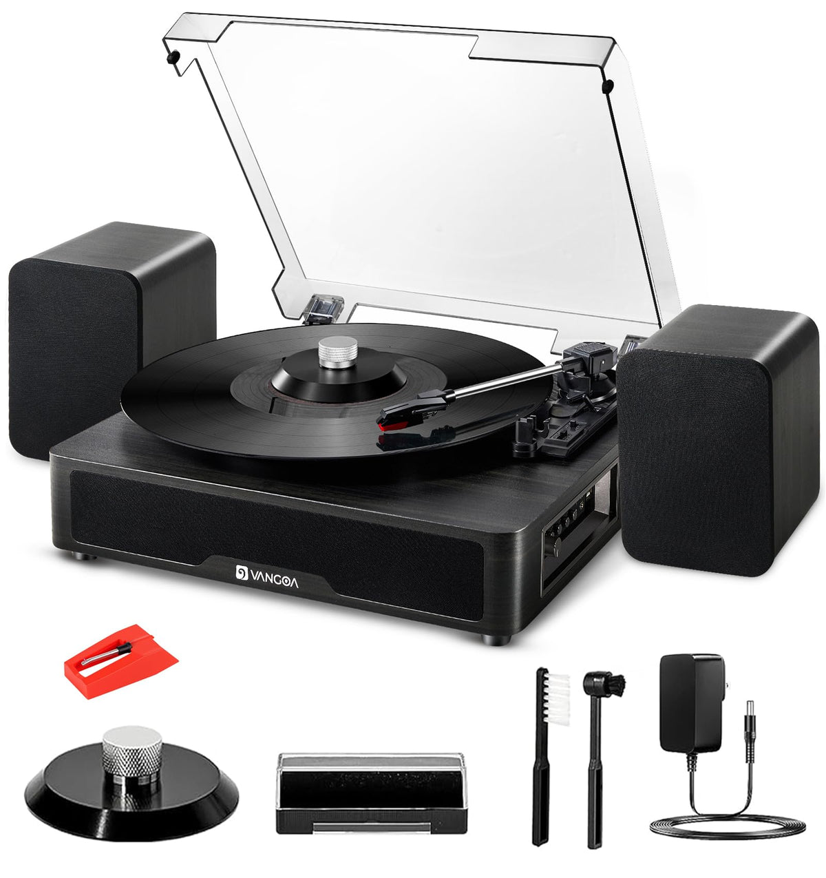 Vangoa vinyl record player with bookshelf speakers delivers room-filling, authentic vinyl sound.