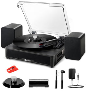 Vangoa vinyl record player with bookshelf speakers delivers room-filling, authentic vinyl sound.
