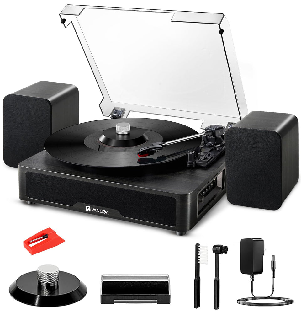Vangoa vinyl record player with bookshelf speakers delivers room-filling, authentic vinyl sound.