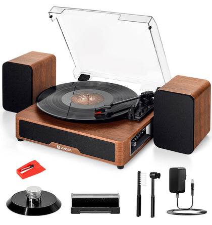 Vangoa vinyl turntable in walnut finish with warm wood tones