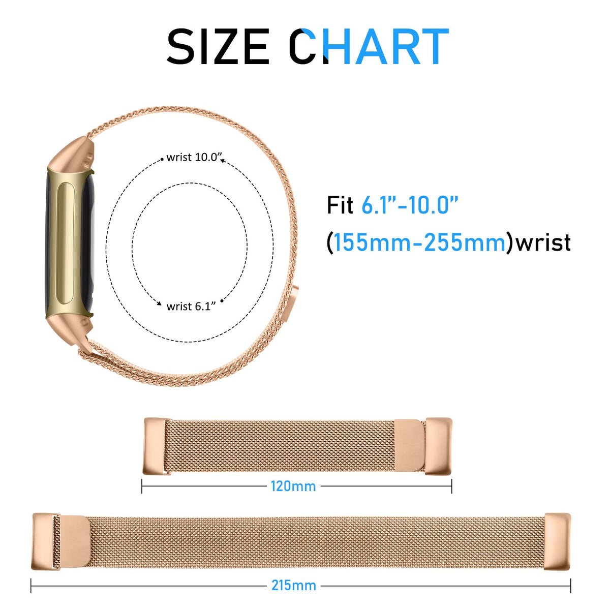 Vanjua rose gold mesh band on a Fitbit Charge 6 in daily wear setting.