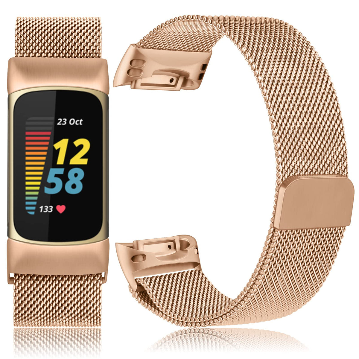 Vanjua rose gold mesh detail band for Fitbit Charge 6 shows fine metal weave.