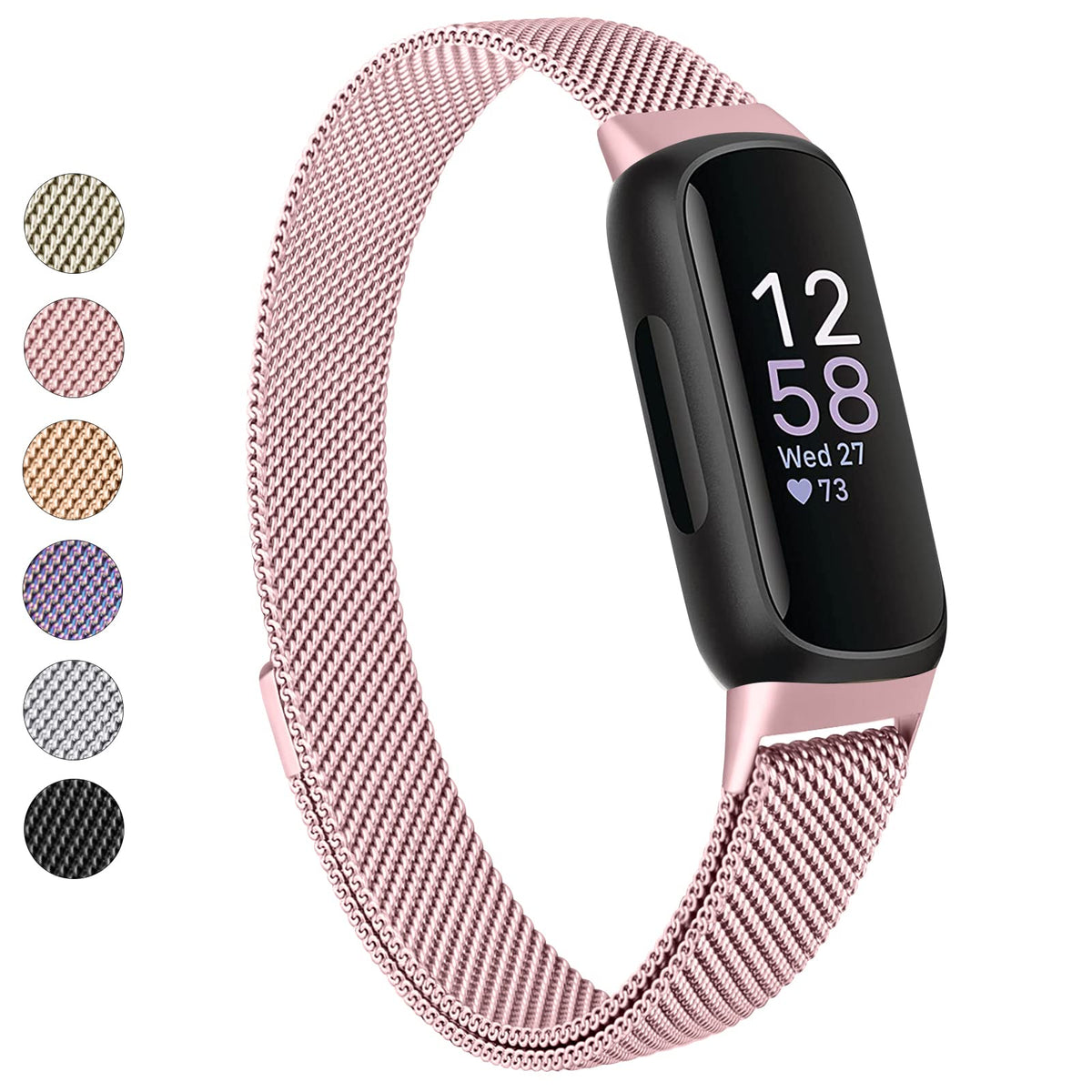 Vanjua rose pink metal mesh band for Fitbit Inspire 3 showing breathable, premium finish