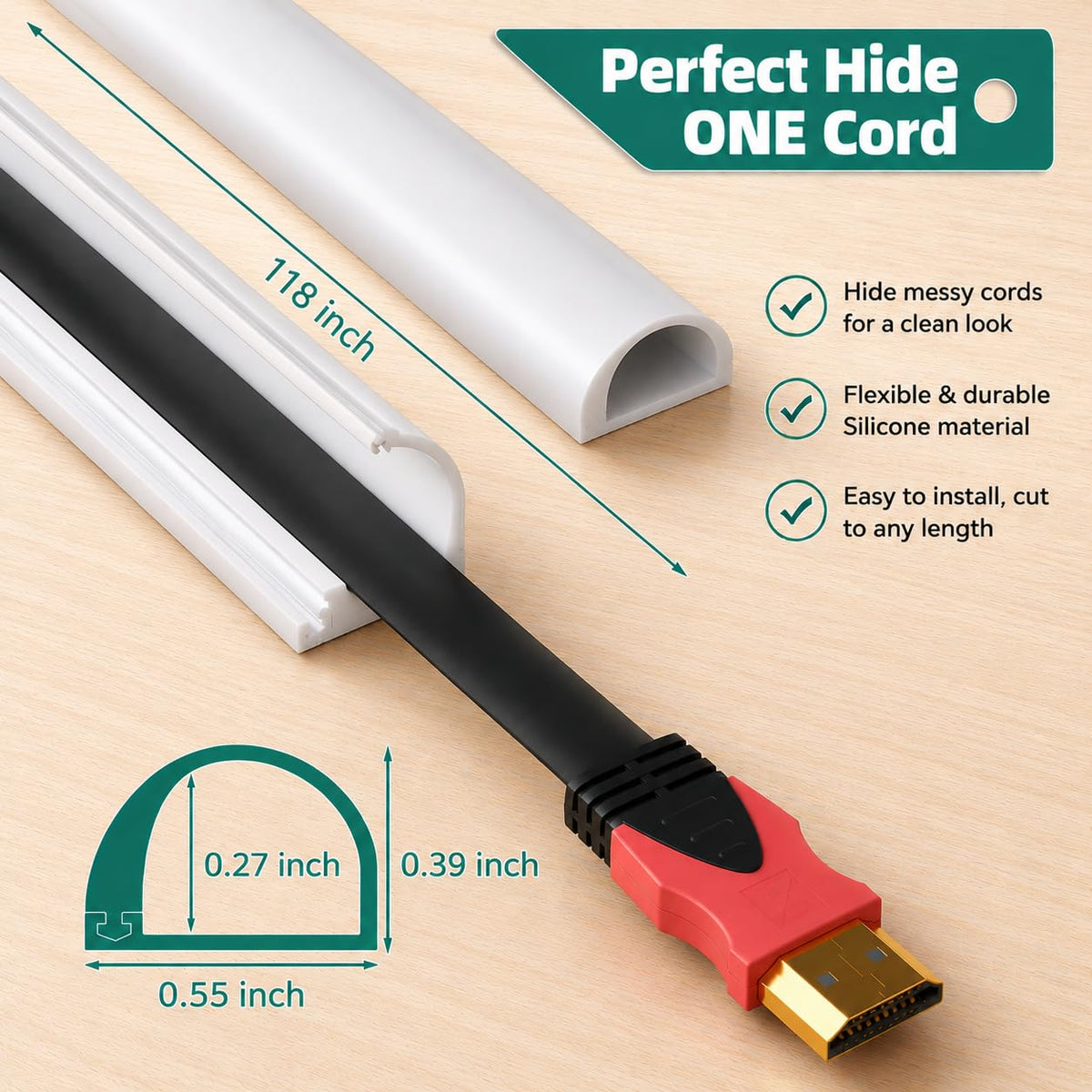 Vannesse cord hider 1-cable setup neatly hides a wall-mounted TV cord.