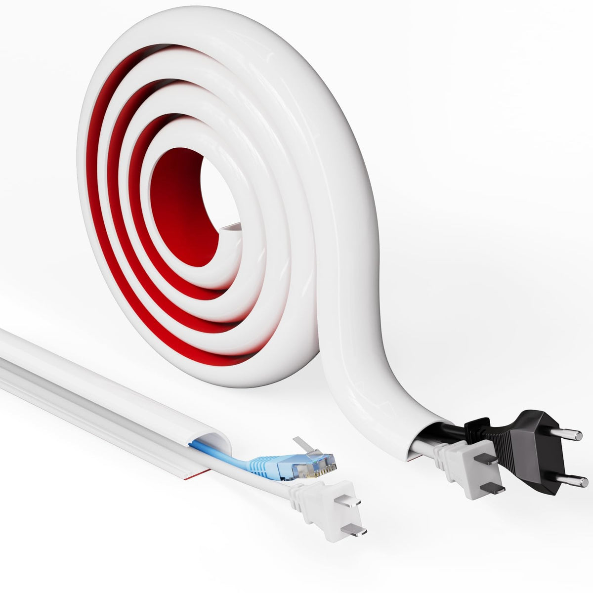 Vannesse front view of cord hider raceway kit showing 118-inch white channel for tidy walls