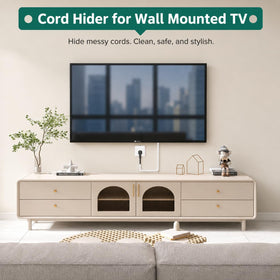 Vannesse in living room setting concealing cords behind console for neat decor