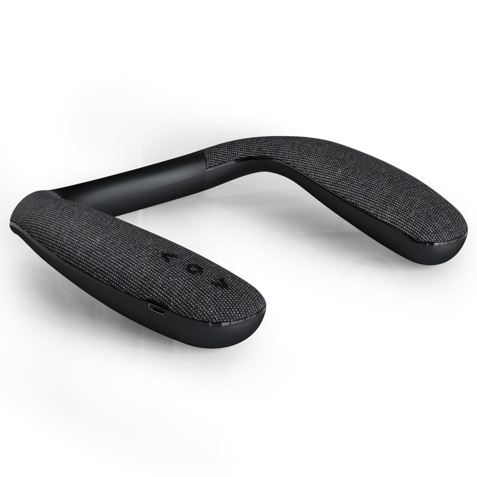 VANPEUSO neckband front view showing shape and buttons, comfort benefit