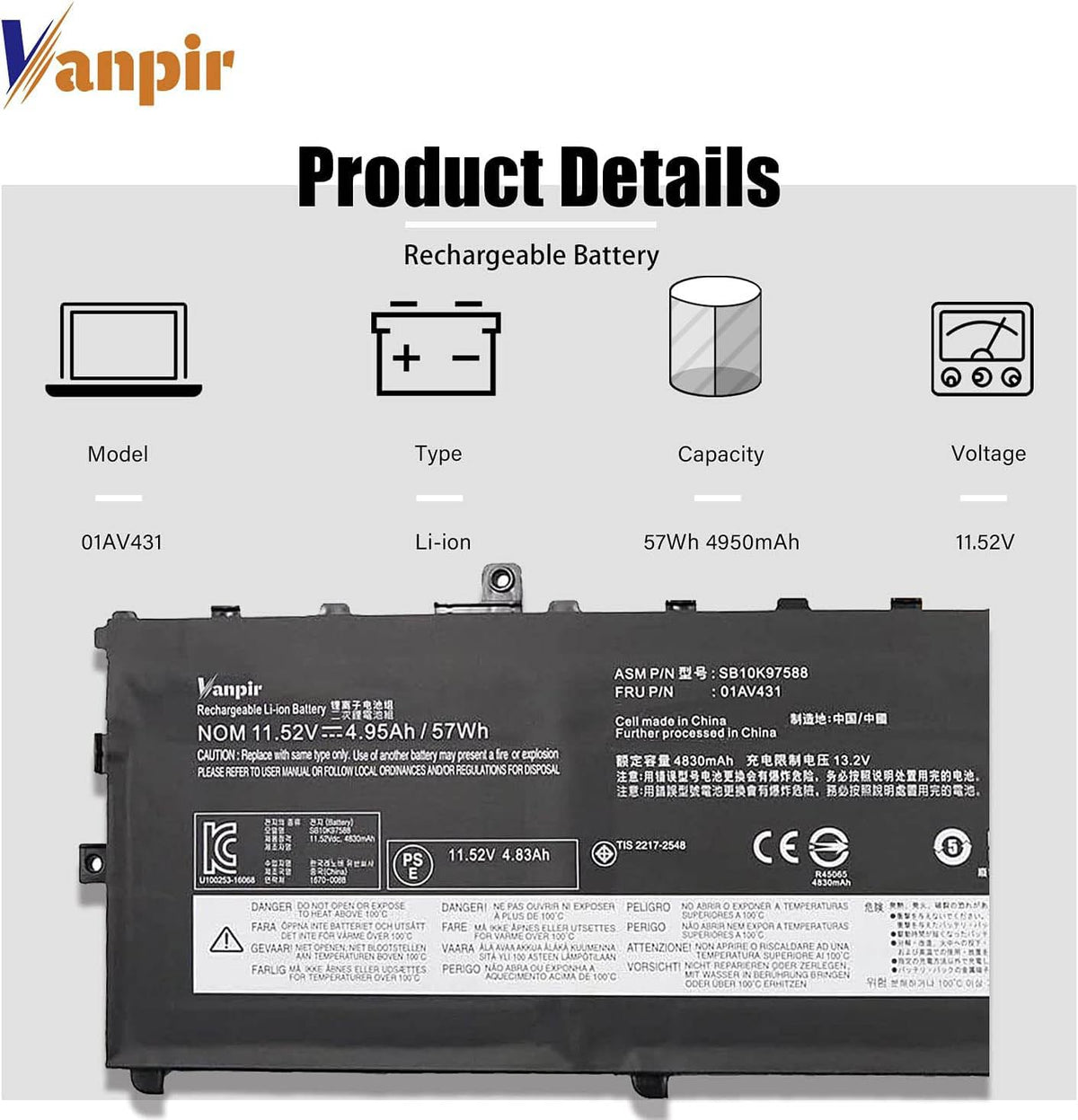 Vanpir 01AV431 battery back view, easy replacement for Lenovo ThinkPad X1 Carbon.