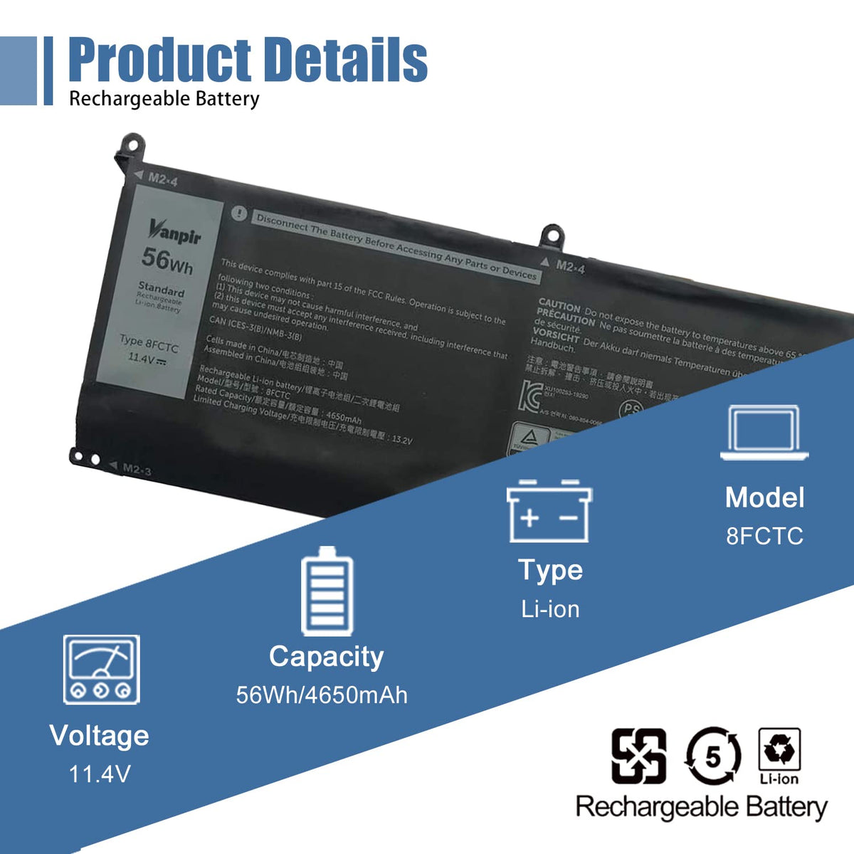 VANPIR label close-up showing 11.4V 56Wh specifications for correct replacement verification