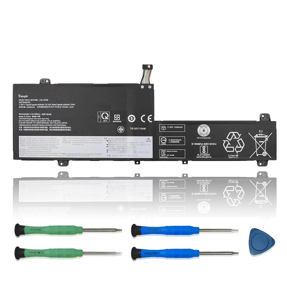 VANPIR front packaging showing battery and retail box, assures buyers of compatibility