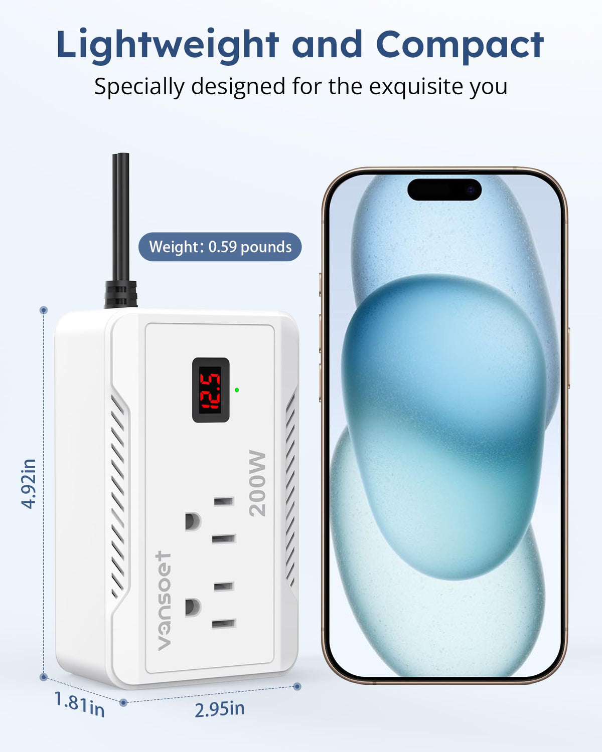 Vansoet 200W car inverter with two USB-A and two AC outlets powering multiple devices