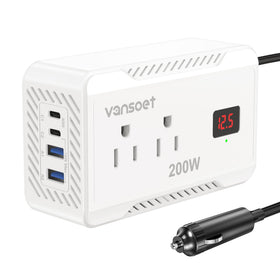 Vansoet 200W car inverter front view showing compact design for easy on-the-go use