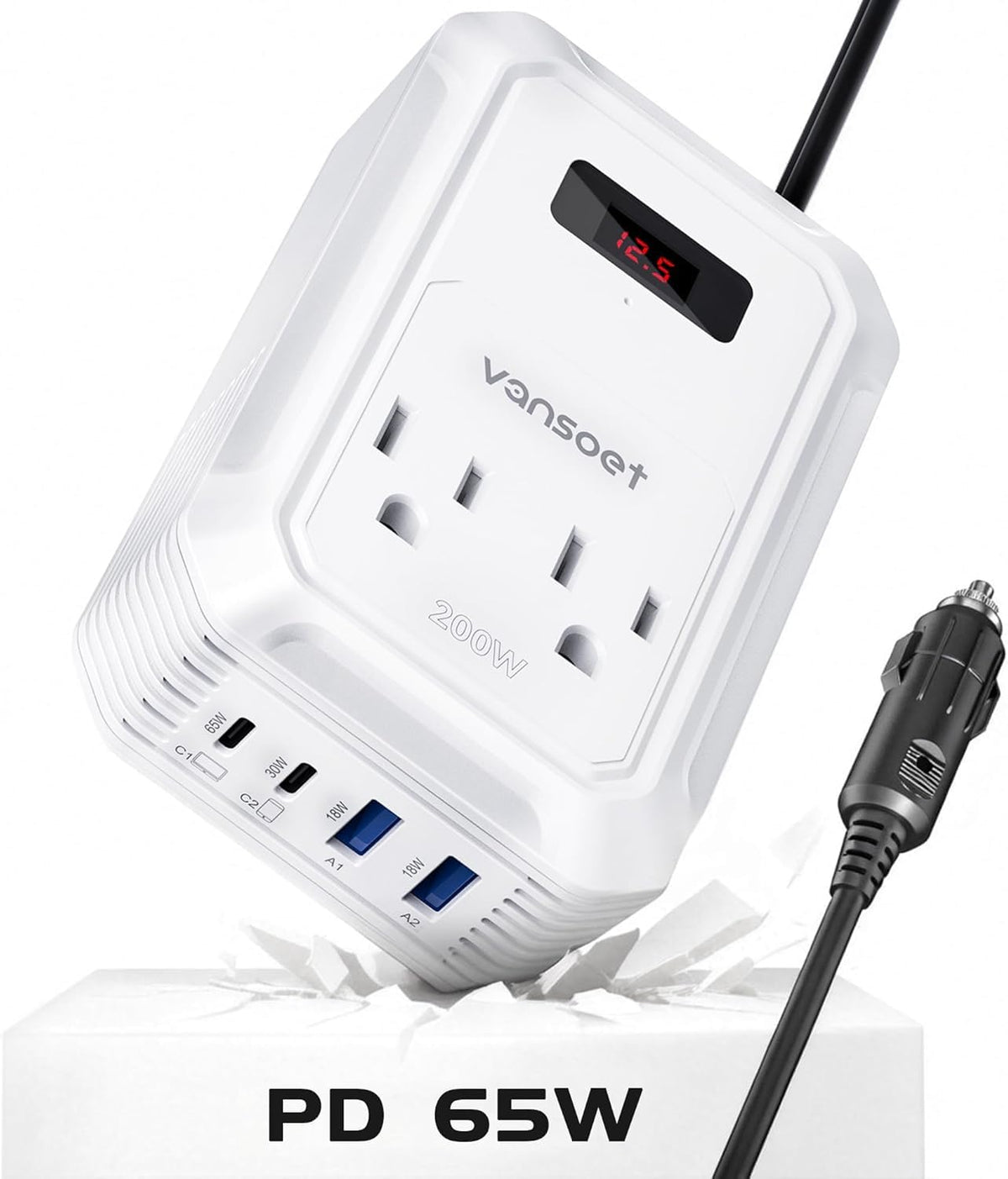 Vansoet 200W inverter front view powering devices on the road