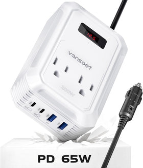 Vansoet 200W inverter front view powering devices on the road