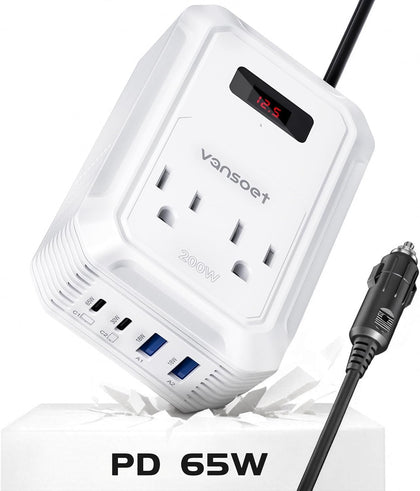 Vansoet 200W inverter front view powering devices on the road