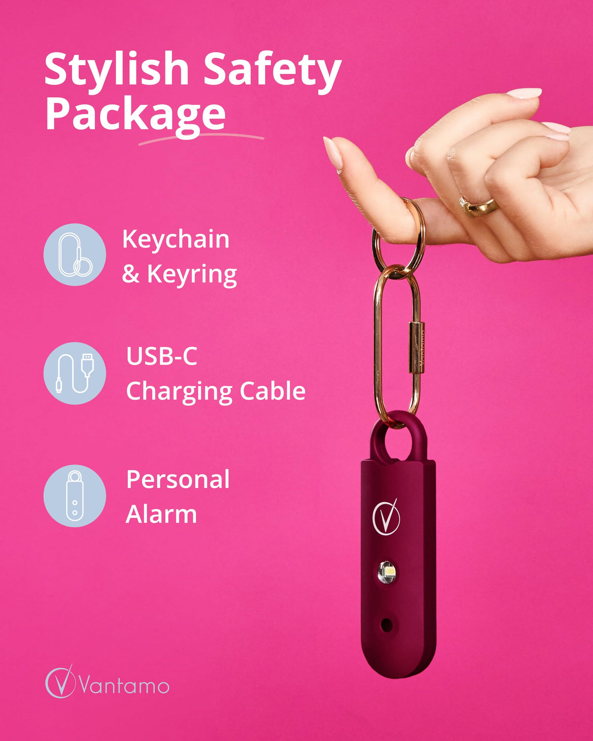 Vantamo clipped to backpack demonstrating quick access and deterrence