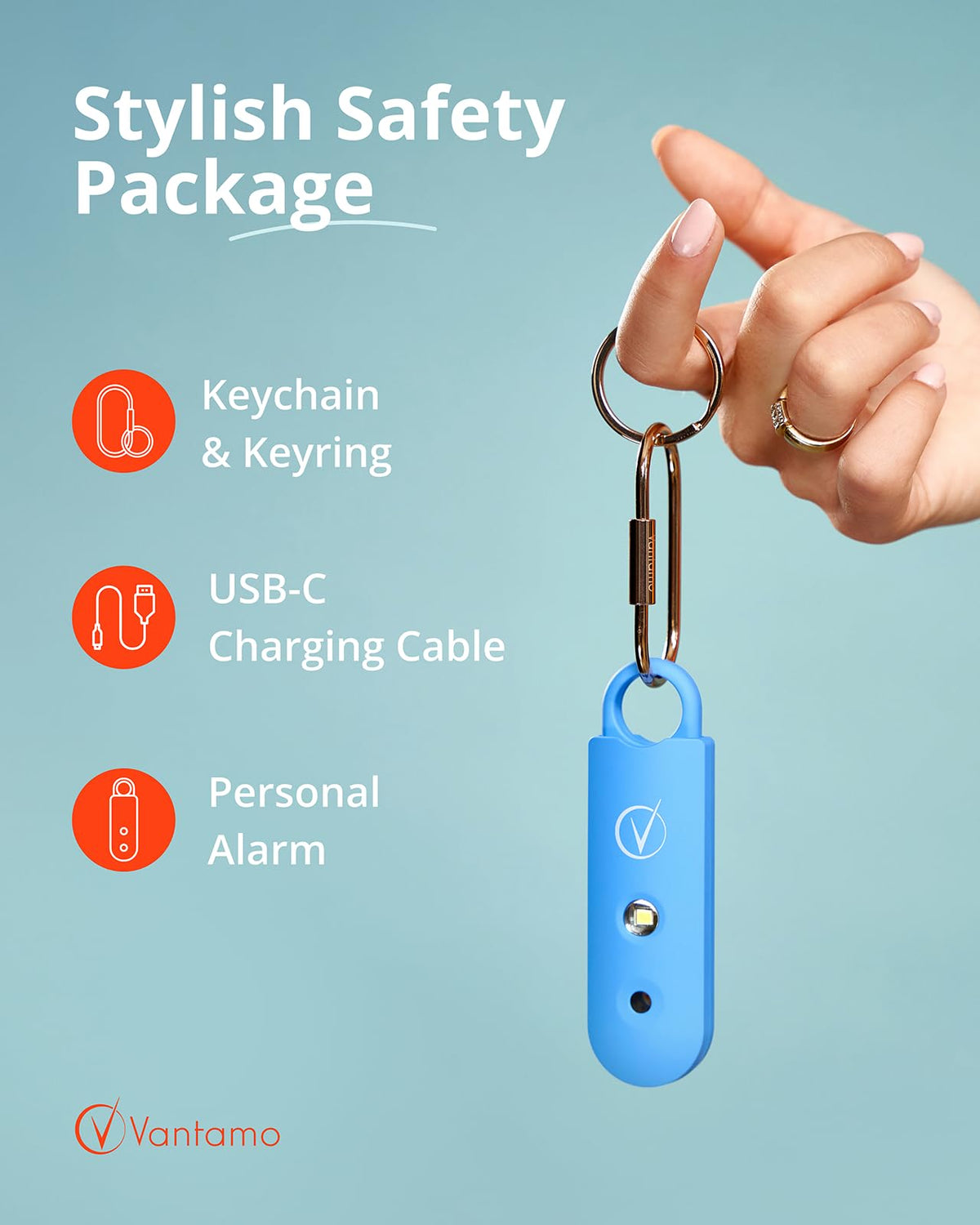Vantamo clipped to a purse in everyday scene, provides convenient protection
