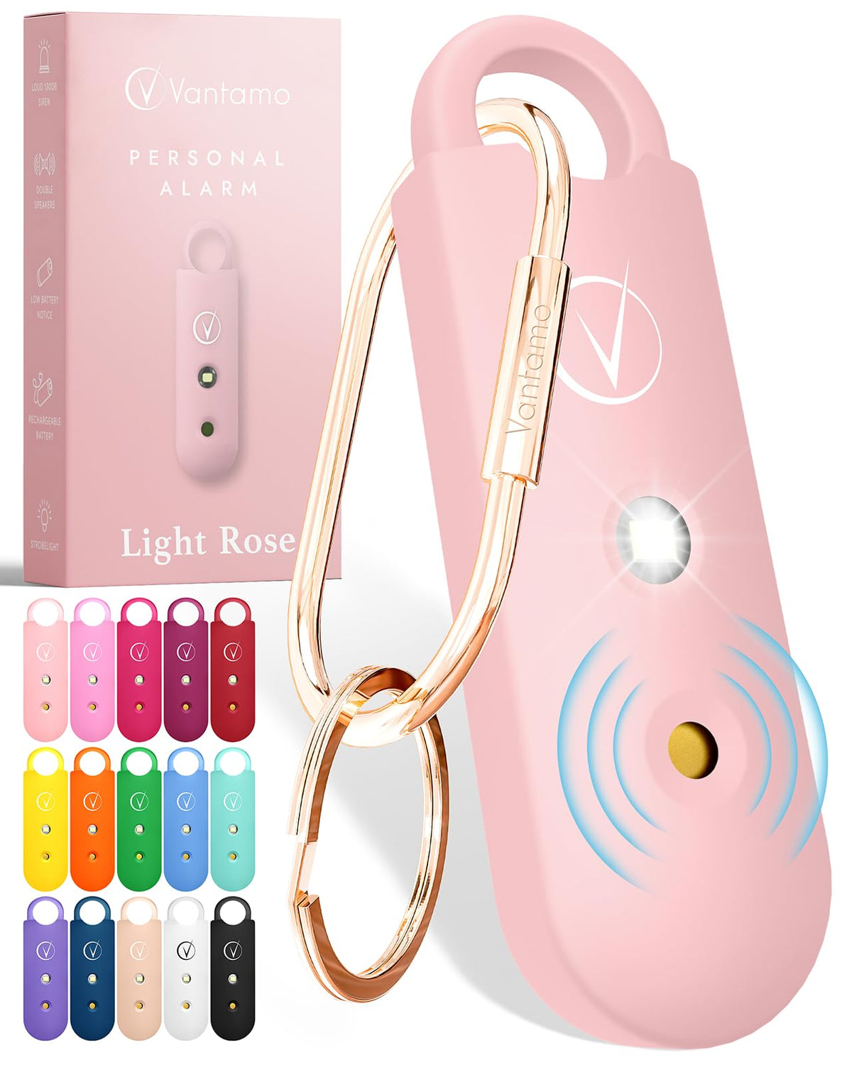 Vantamo front view of keychain alarm showing compact, easy-carry design and quick access