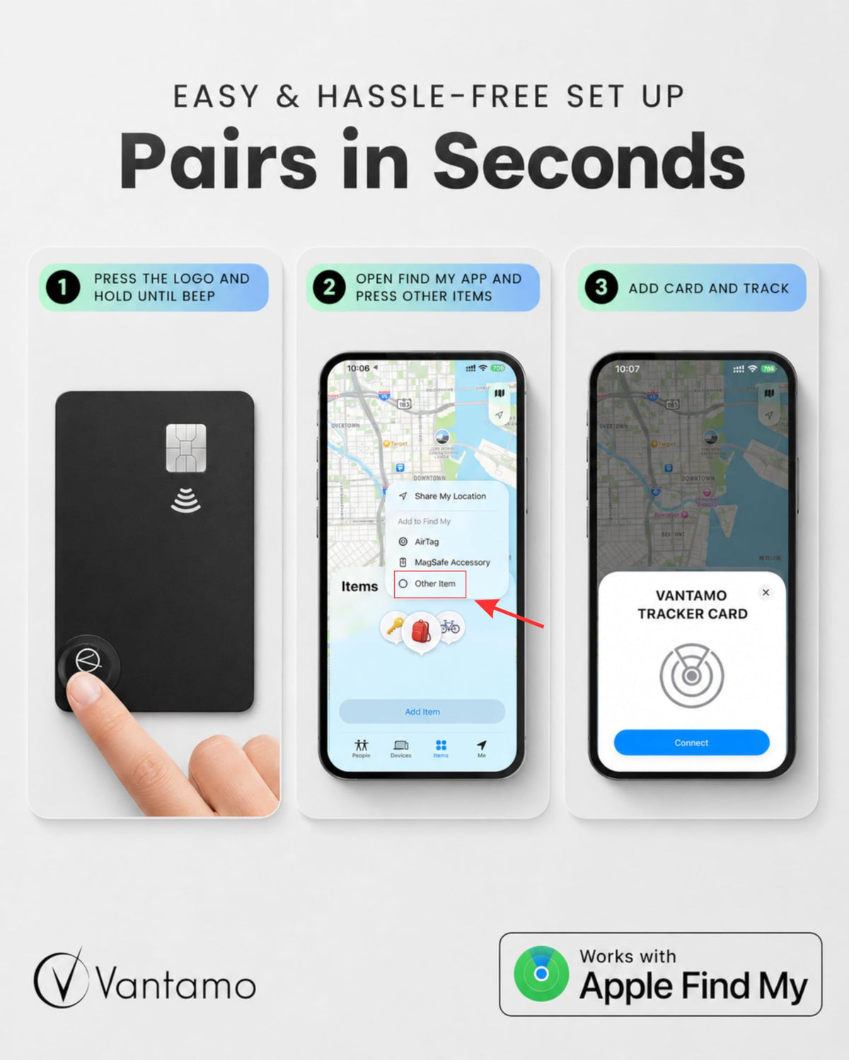 Vantamo wallet tracker with iOS Find My integration for easy item tracking.