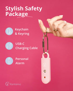 Vantamo keyring and carabiner detail showing secure attachment and stylish carry option