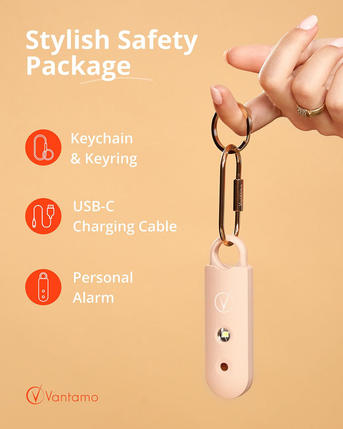 Vantamo keyring and carabiner detail showing secure attachment convenience