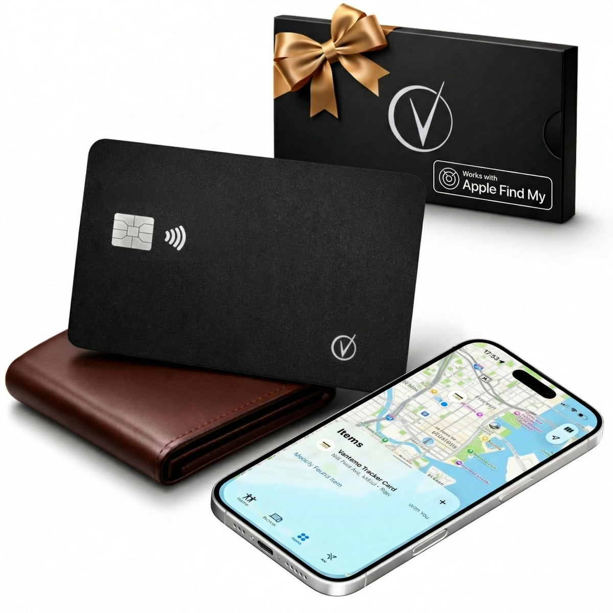 Vantamo ultra-thin wallet tracker beside iPhone showing Find My location for quick item recovery.