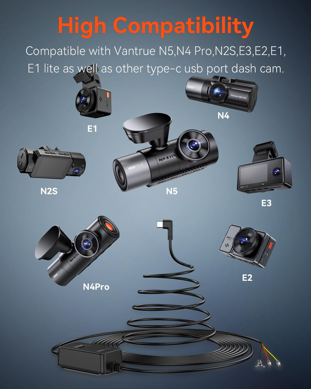 VANTRUE 12-24V compatibility supports cars, trucks, and SUVs without adapters.