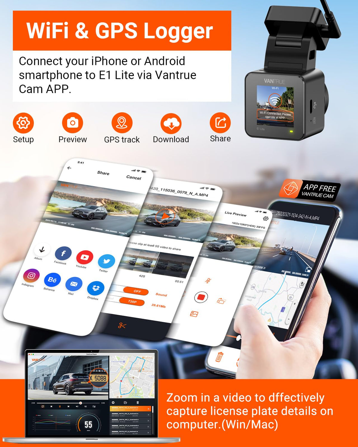Vantrue E1 Lite GPS speed tracking records routes and speed for reviews.