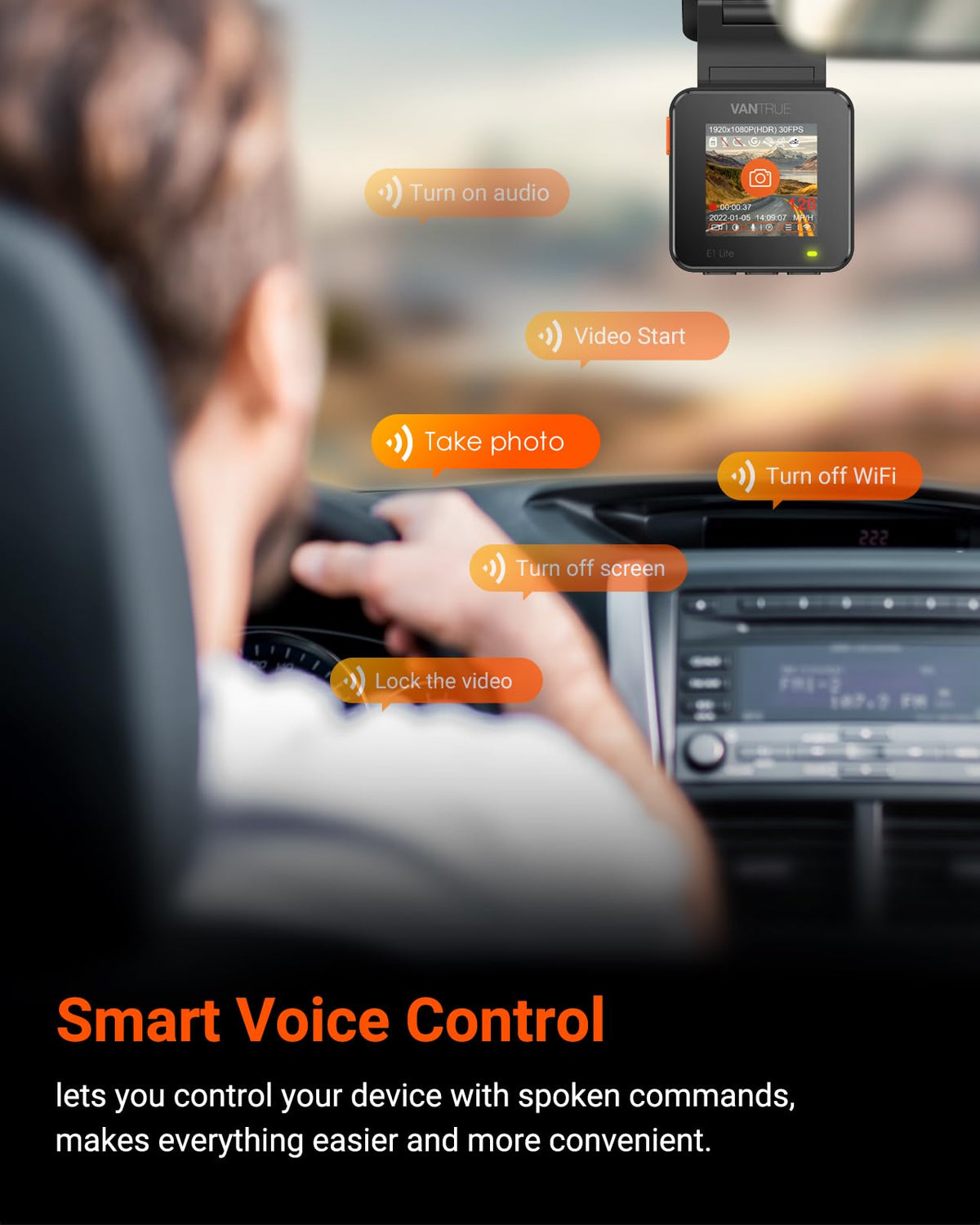 Vantrue E1 Lite voice control allows hands-free driving actions.