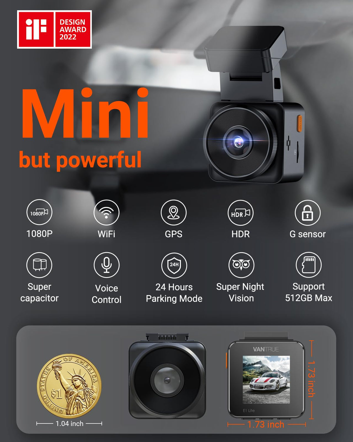 Vantrue E1 Lite 160-degree lens captures wide scenes with minimal blind spots.