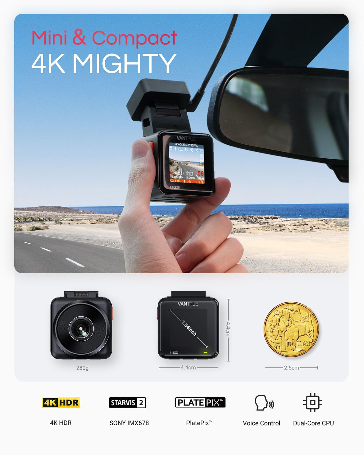 Vantrue E1 Pro 158-degree wide lens captures more road in a single frame.