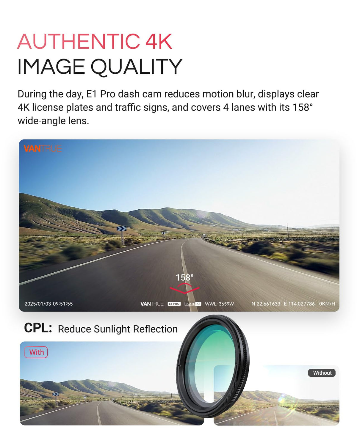 Vantrue E1 Pro Starvis 2 night vision enhances brightness in low light scenes.