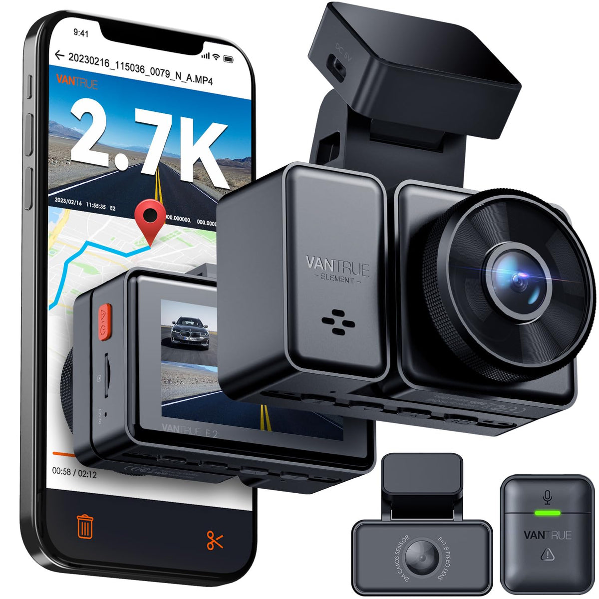 Vantrue E2 front 2.7K recording for sharp license plate capture in daylight